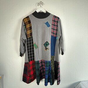 Vintage Staley Gretzinger Patchwork Mini Sweater Dress Mock Neck Gray Multicolor